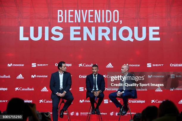 Luis Enrique Martinez , Luis Manuel Rubiales , President of Spanish Royal Football Federation and Jose Francisco Molina speak during Luis Enrique...