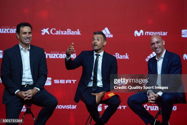 Luis Enrique Martinez speaks next to Luis Manuel Rubiales , President of Spanish Royal Football Federation and Jose Francisco Molina during Luis...