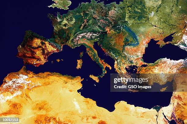 satellite image of europe, north africa, and uk - mediterranean sea foto e immagini stock