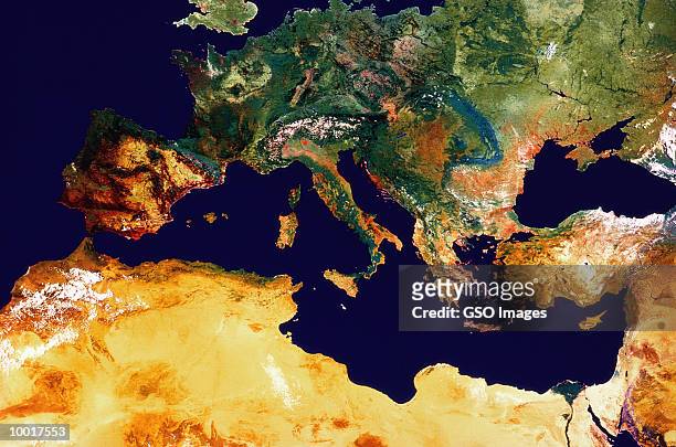satellite image of europe, north africa, and uk - mediterranean sea stock pictures, royalty-free photos & images