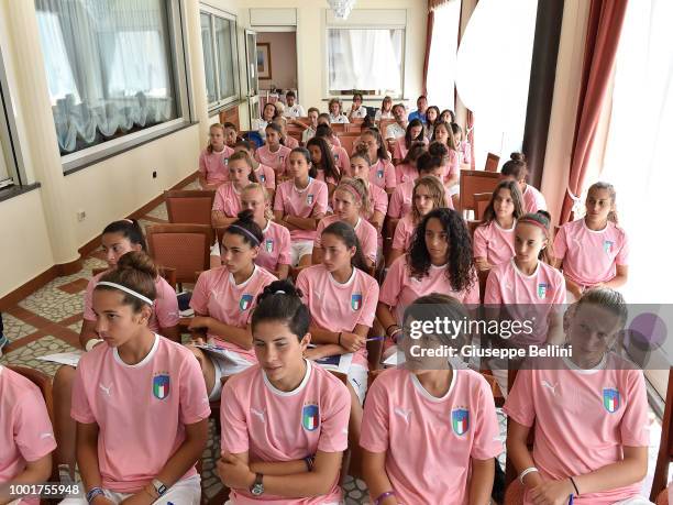 Players of Team Italy U15 Women listen during the Italian Football Federation U15 Men & Women Stage on July 19, 2018 in Bagno di Romagna, Italy.