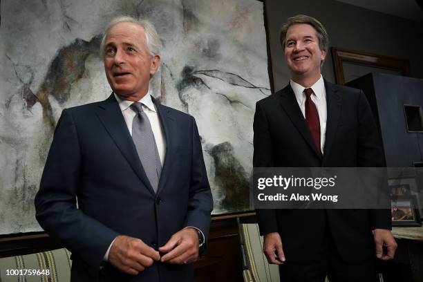 Sen. Bob Corker meets with Supreme Court nominee Judge Brett Kavanaugh in his office on Capitol Hill July 18, 2018 in Washington, DC. Kavanaugh is...