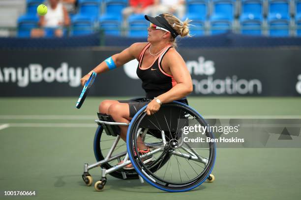 Lucy Shuker of Great Britain plays a backhand during her quarter final match against Sabine Ellerbrock of Germany on day three of The British Open...