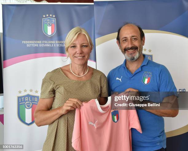 Josefa Idem and Massimo Tell of FIGC during the Italian Football Federation U15 Men & Women Stage on July 19, 2018 in Bagno di Romagna, Italy.