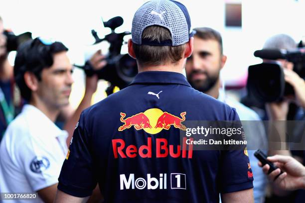 Max Verstappen of Netherlands and Red Bull Racing talks to the media during previews ahead of the Formula One Grand Prix of Germany at Hockenheimring...