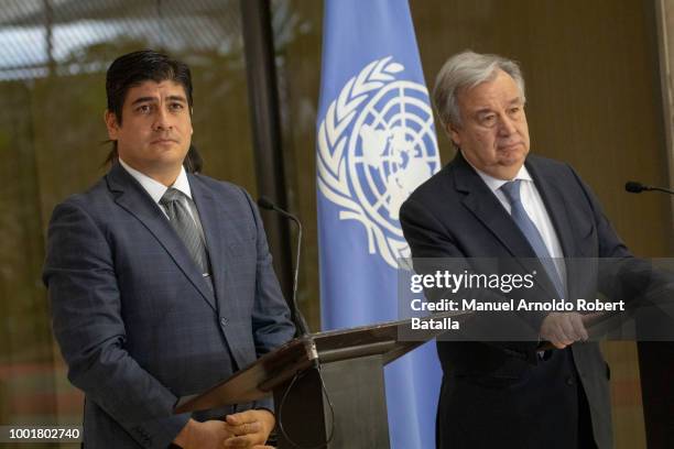 Secretary-General of the United Nations Antonio Guterres and Costa Rican President Carlos Alvarado hold a joint news conference during an offical...