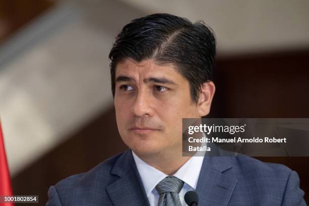 Costa Rican President Carlos Alvarado holds a news conference during an offical visit by United Nations Secretary-General Antonio Guterres on July...