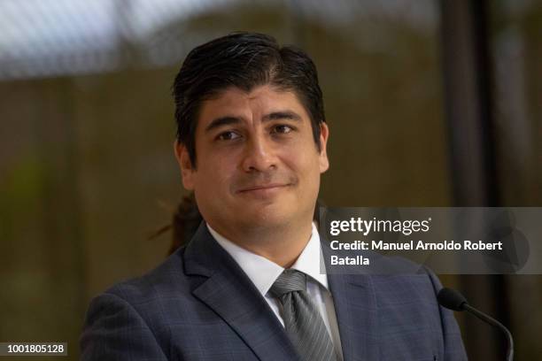 Costa Rican President Carlos Alvarado holds a news conference during an offical visit by United Nations Secretary-General Antonio Guterres on July...