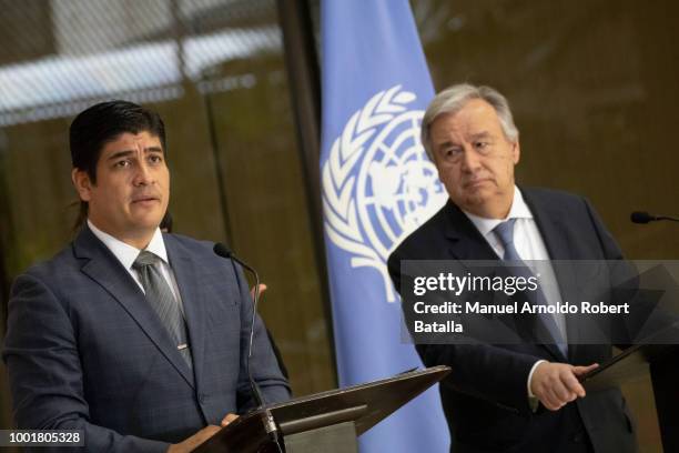 Secretary-General of the United Nations Antonio Guterres and Costa Rican President Carlos Alvarado hold a joint news conference during an offical...