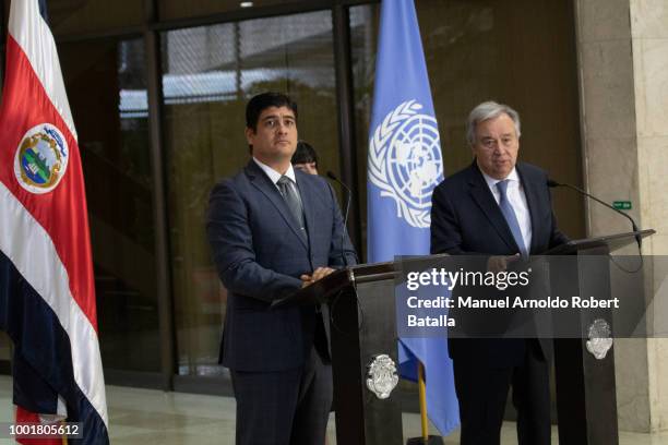Secretary-General of the United Nations Antonio Guterres and Costa Rican President Carlos Alvarado hold a joint news conference during an offical...