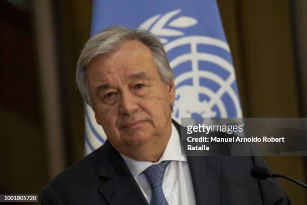 Secretary-General of the United Nations Antonio Guterres holds a news conference during an offical visit on July 16, 2018 in San Jose, Costa Rica.