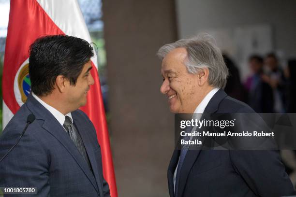 Secretary-General of the United Nations Antonio Guterres and Costa Rican President Carlos Alvarado greet each other during a joint news conference...