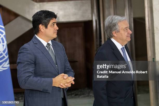 Secretary-General of the United Nations Antonio Guterres and Costa Rican President Carlos Alvarado arrive for a joint news conference during a...