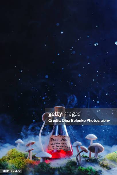 read the fine print caution on a magical potion with mushrooms, moss, and dew. modern witchcraft concept. red potion on a dark background. - bottle condensation stock pictures, royalty-free photos & images
