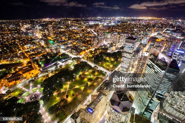 le luci vivaci del quartiere degli affari della città di sydney di notte dal ponte di osservazione della sydney tower - hyde park sydney foto e immagini stock