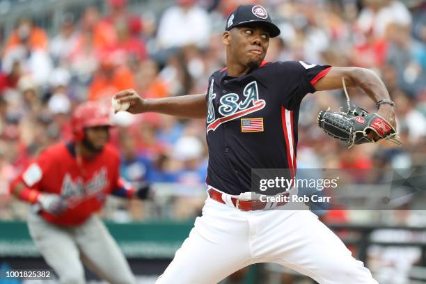 Hunter Greene pitches against the World Team during the SiriusXM All-Star Futures Game at Nationals Park on July 15, 2018 in Washington, DC.