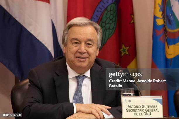 Secretary-General of the United Nations Antonio Guterres looks on during the session of Human Rights judges for the 40th Anniversary of the American...