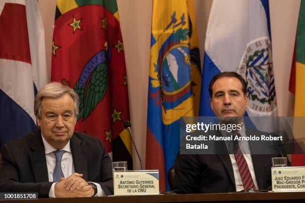 Secretary-General of the United Nations Antonio Guterres and Inter-American Court of Human Rights President Eduardo Ferrer look on during the session...