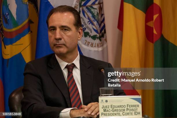 Inter-American Court of Human Rights President Eduardo Ferrer speaks during the session of Human Rights judges for the 40th Anniversary of the...