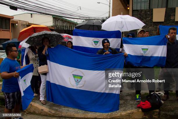 Nicaraguan protesters shout slogans outside Inter-American Court of Human Rights during the session of Human Rights judges for the 40th Anniversary...