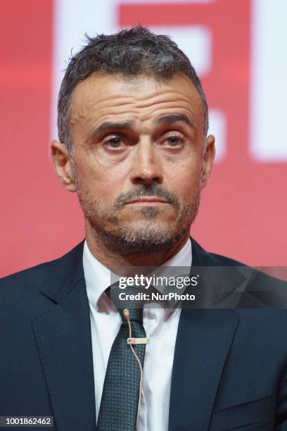 Spain new coach Luis Enrique talks to the press during his official presentation as Spain's national football team new coach on July 19, 2018 at Las...