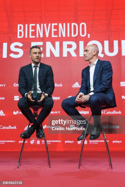 Luis Enrique Martinez speaks next to Luis Manuel Rubiales, President of Spanish Royal Football Federation during Luis Enrique Martinez presentation...