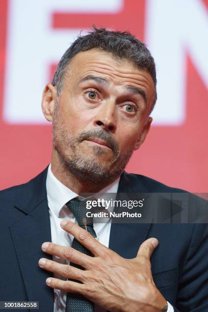Spain new coach Luis Enrique talks to the press during his official presentation as Spain's national football team new coach on July 19, 2018 at Las...
