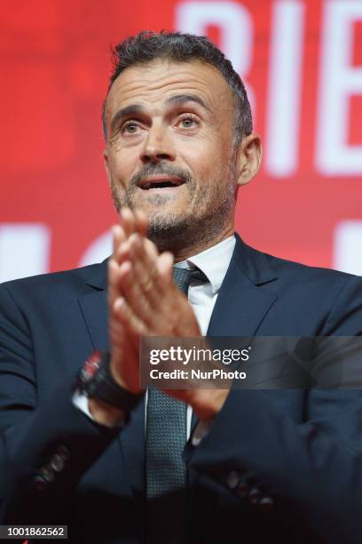 Spain new coach Luis Enrique talks to the press during his official presentation as Spain's national football team new coach on July 19, 2018 at Las...