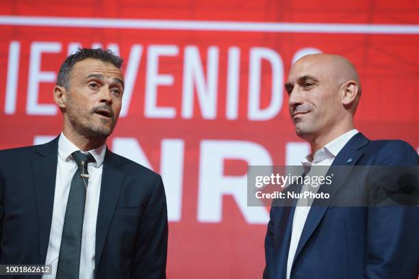 Luis Enrique Martinez speaks next to Luis Manuel Rubiales, President of Spanish Royal Football Federation during Luis Enrique Martinez presentation...