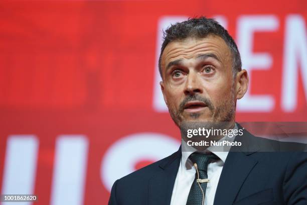 Spain new coach Luis Enrique talks to the press during his official presentation as Spain's national football team new coach on July 19, 2018 at Las...