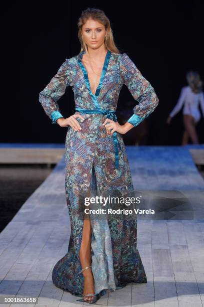 Model walks the runway for Aqua Blu during the Fashion Palette Miami Australian Swim Show SS19 at The Setai Miami Beach on July 15, 2018 in Miami...