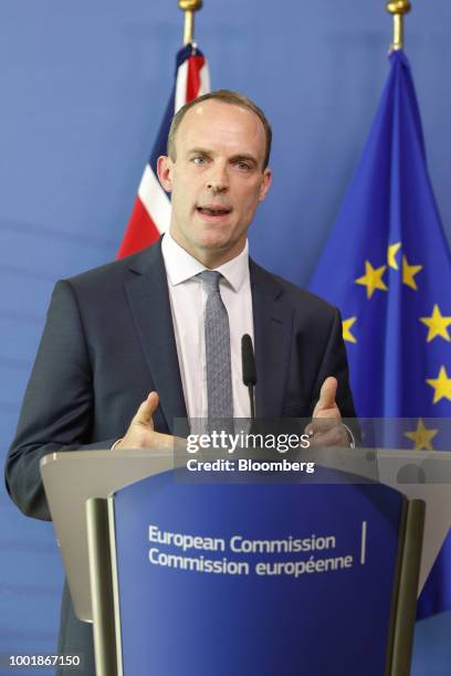 Dominic Raab, U.K. Exiting the European Union secretary, delivers a statement ahead of the resumption of Brexit talks at the Berlaymont building in...