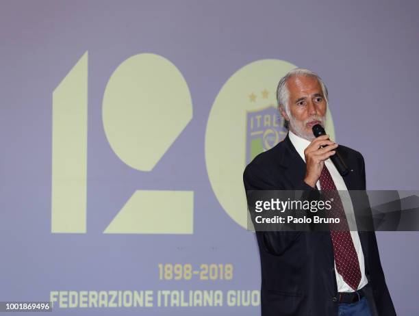 Giovanni Malago' President of CONI attends the FIGC unveils 120 years anniversary stamp on July 19, 2018 in Rome, Italy.