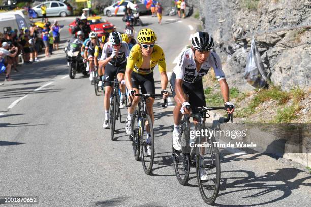 Egan Arley Bernal of Colombia and Team Sky / Geraint Thomas of Great Britain and Team Sky Yellow Leader Jersey / Christopher Froome of Great Britain...