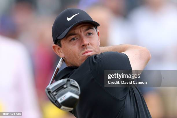 Rory McIlroy of Northern Ireland plays his tee shot on the fourth hole during the first round of the 147th Open Championship at Carnoustie Golf Club...