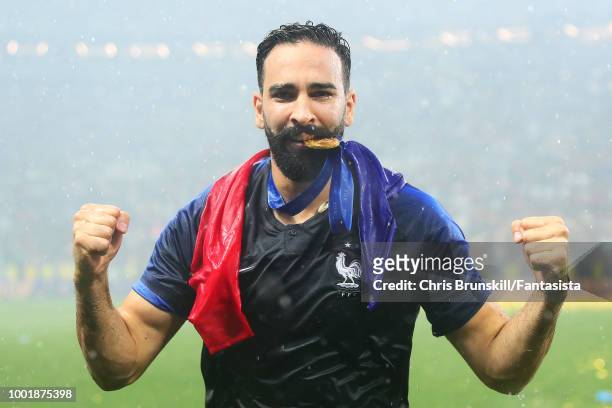 Adil Rami of France celebrates after the 2018 FIFA World Cup Russia Final between France and Croatia at Luzhniki Stadium on July 15, 2018 in Moscow,...