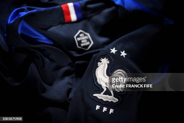 The new jersey of the France's national football team, bearing the two stars marking the two World Cup won by France, is pictured on July 19, 2018 in...