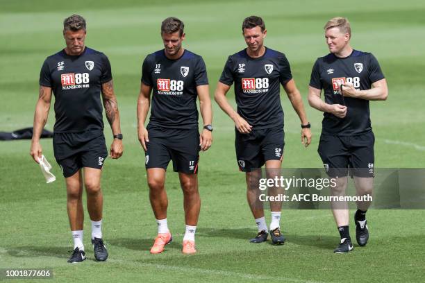 Bournemouth manager Eddie Howe with coach Steve Fletcher, assistant manager Jason Tindall and coach Steve Purches during pre-season training on July...