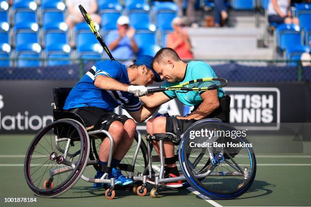 Bryan Barten and David Wagner of The USA celebrate defeating Lucas Sithole of South Africa and Koji Sugeno of Japan in their doubles semi final on...