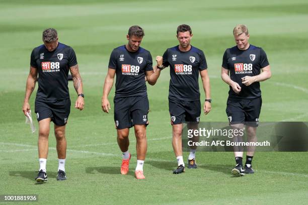 Bournemouth manager Eddie Howe with coach Steve Fletcher, assistant manager Jason Tindall and coach Steve Purches during pre-season training on July...