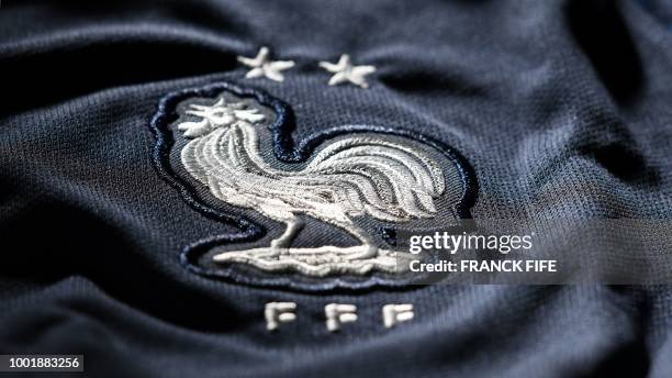 The new jersey of the France's national football team, bearing the two stars marking the two World Cup won by France, is pictured on July 19, 2018 in...