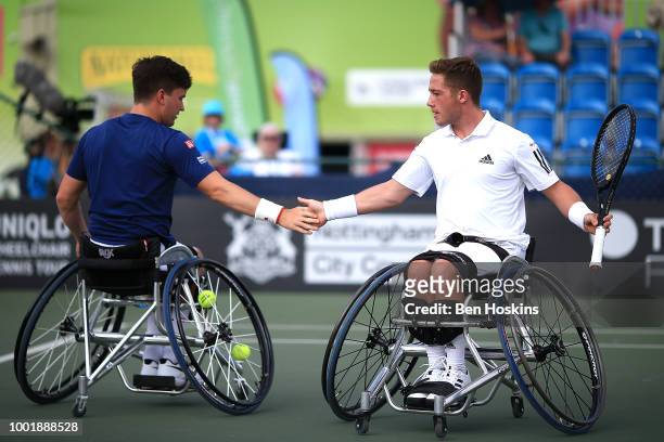 Alfie Hewett and Gordon Reid of Great Britain in action during his doubles semi final against Gustavo Fernandez of Argentina and Shingo Kunieda of...