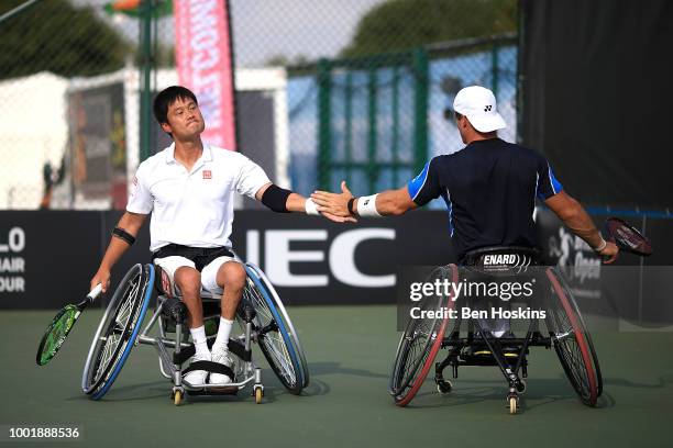 Gustavo Fernandez of Argentina and Shingo Kunieda of Japan in action during his doubles semi final against Alfie Hewett and Gordon Reid of Great...