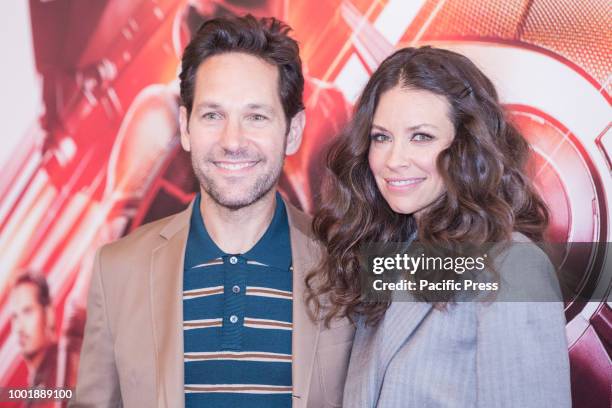 American actor Paul Rudd and Canadian actress Evangeline Lilly during the photocall at the Hotel De Russie in Rome of the film "Ant-Man and the...