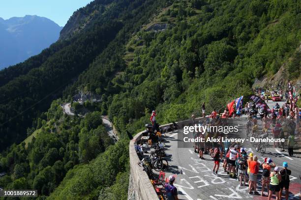 Geraint Thomas of Great Britain and Team Sky wearing the yellow jersey climbs up Alpe d'Huez on his way to victory during Stage 12, a 175.5km stage...