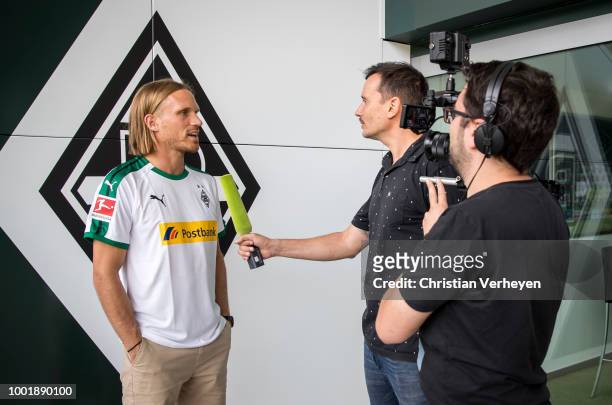 Michael Lang talks to the Club TV of Borussia Moenchengladbach at Borussia-Park on July 19, 2018 in Moenchengladbach, Germany.