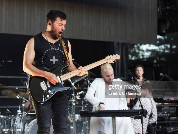 Eli Maiman and Nicholas Petricca of Walk the Moon perform at Shoreline Amphitheatre on July 18, 2018 in Mountain View, California.