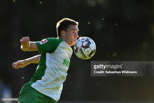 Raphael Framberger of Augsburg plays the ball during the pre-season friendly match between SC Olching and FC Augsburg on July 19, 2018 in Olching,...