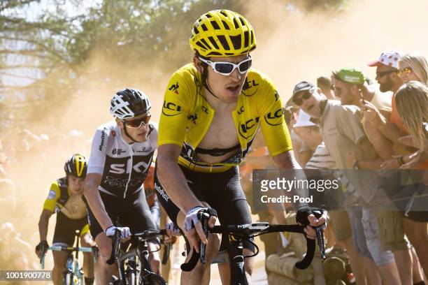 Geraint Thomas of Great Britain and Team Sky Yellow Leader Jersey / Christopher Froome of Great Britain and Team Sky / Dust / Fans / Public / during...