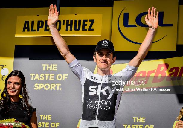 Team Sky's Geraint Thomas celebrates after winning stage twelve of the 2018 Tour de France.
